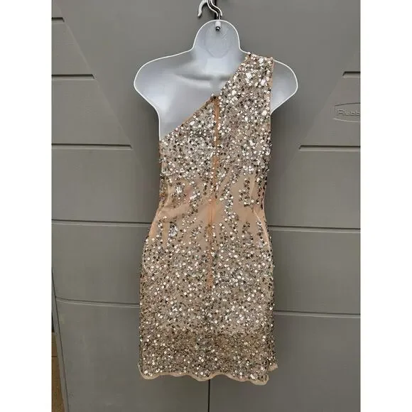 Mac Duggal 10977 Nude One Shoulder Asymmetric Sheer Hand Beaded Mini Dress Sz 12 - Picture 11 of 16